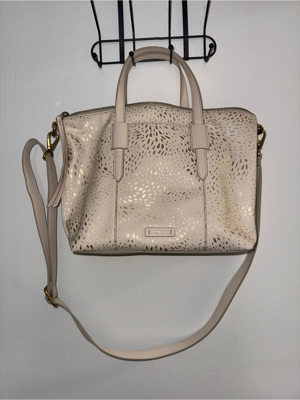 Fossil Cream Gold Metallic Abstract Print Satchel Crossbody Purse